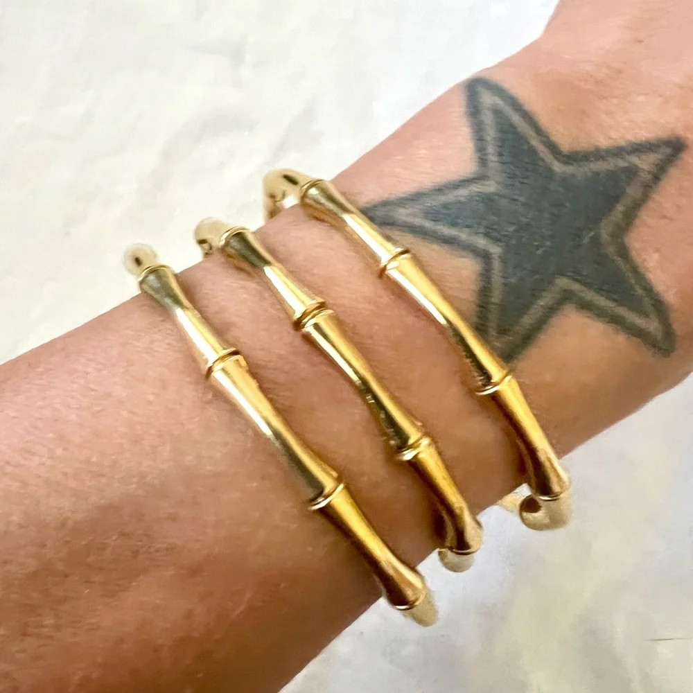 Vintage Bamboo Style Stainless Steel Gold Overlay Bracelets - Picture 3 of 10